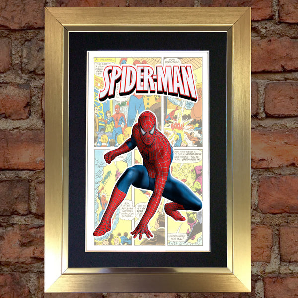 SPIDERMAN Superhero Print Wall Comic Art Black / Silver / Gold Frame Poster #714