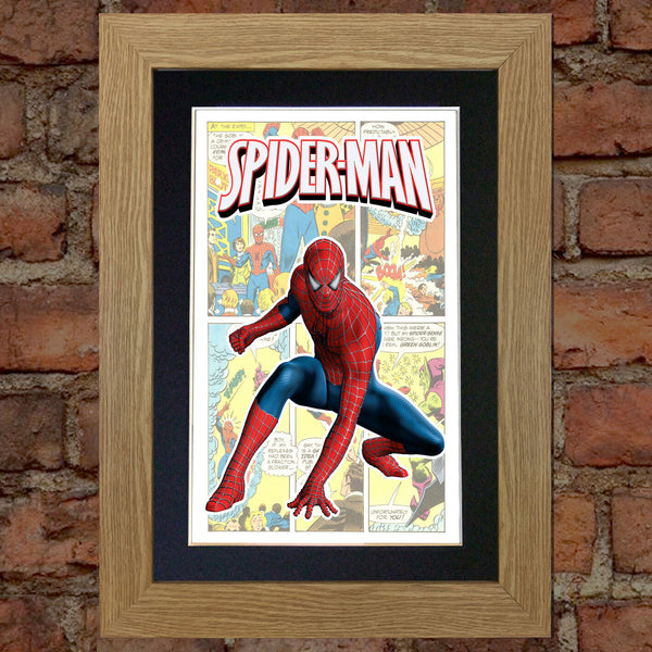 SPIDERMAN Superhero Print Wall Comic Art Black / Silver / Gold Frame Poster #714