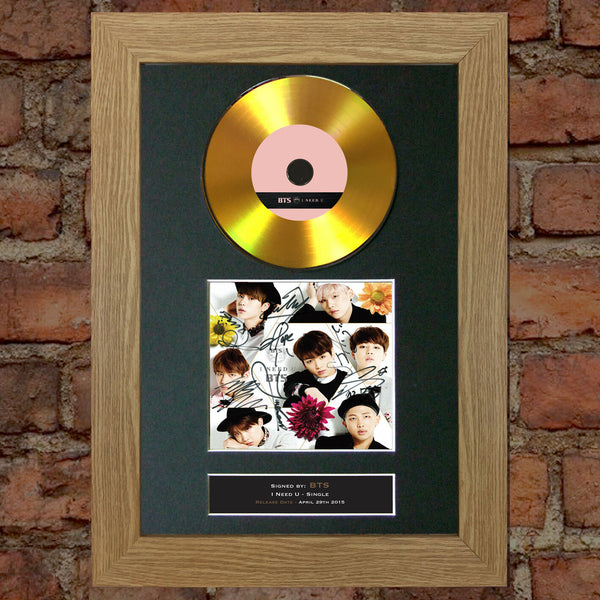 #175 BTS GOLD DISC I Need You / U Single Cd Signed Autograph Mounted Print