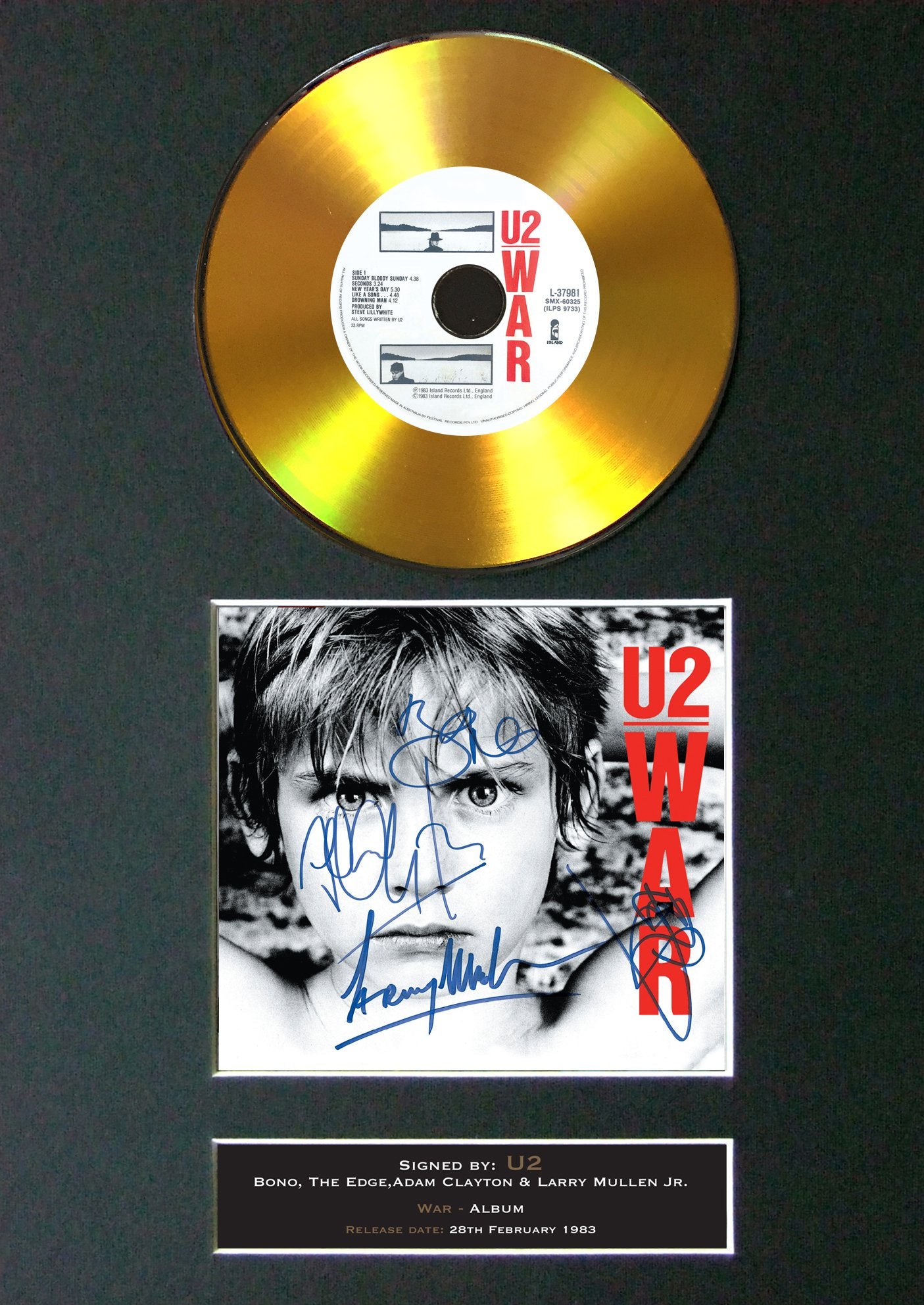 #166 U2 - War GOLD DISC Album Signed Autograph Mounted Repro